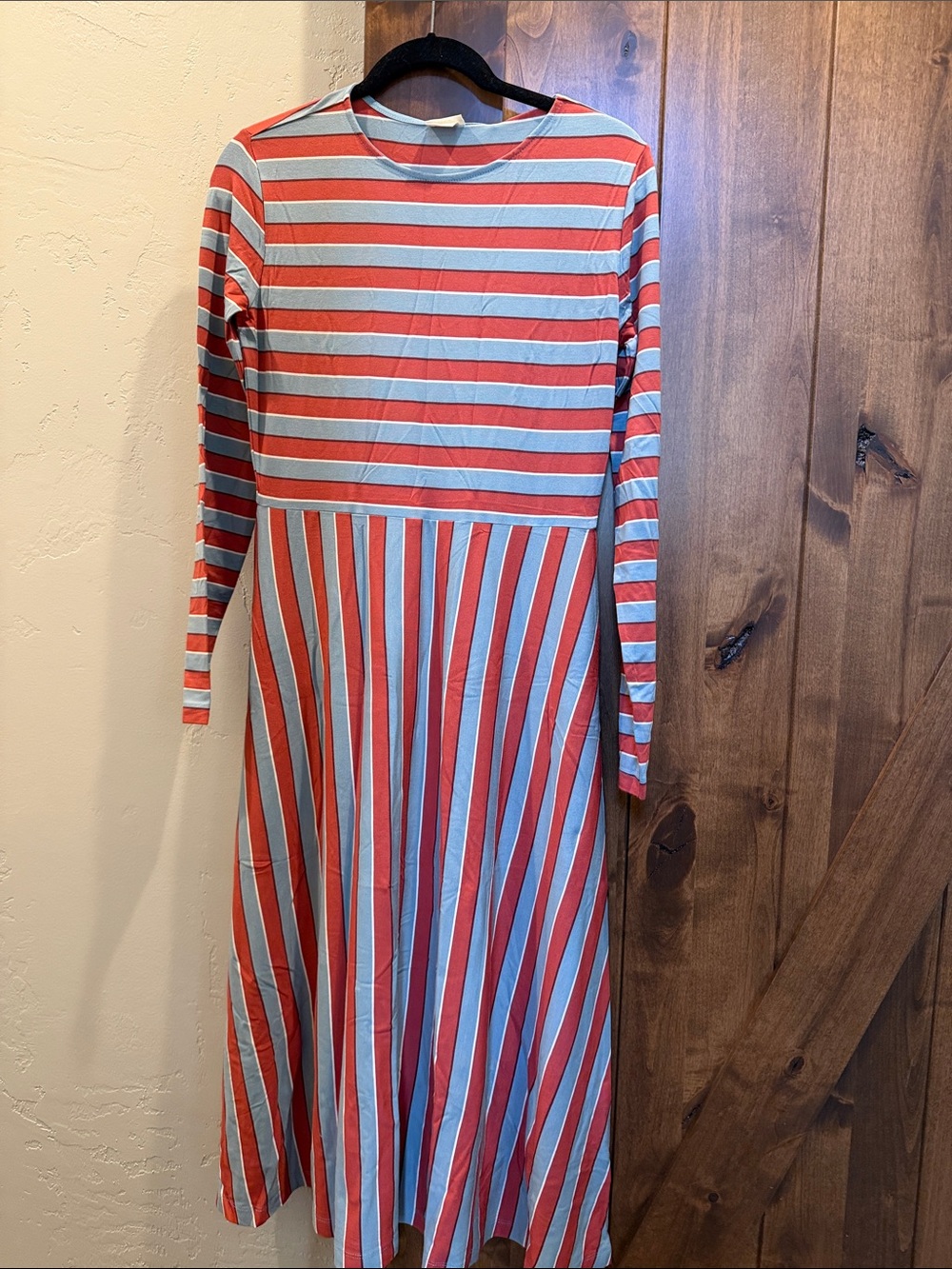 Striped Long Sleeve Maxi Dress in Orange and Light Blue